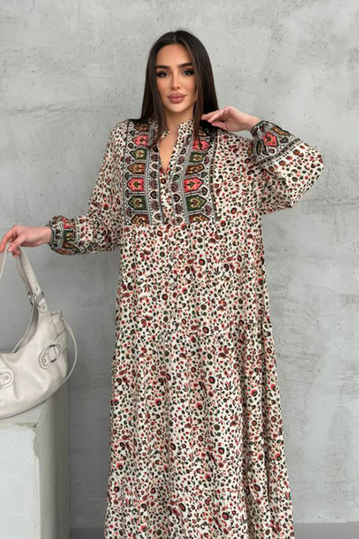 AYASOFYA OTANTIK Γυναικείο φαρδύ μακρύ φόρεμα με καφέ κουμπιά με λεπτομέρεια με μοτίβο μπαλόνι με μανίκια