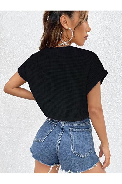 caddekombin Tricou negru pentru femei, cu mânecă liliac, oversize, din țesătură waffle