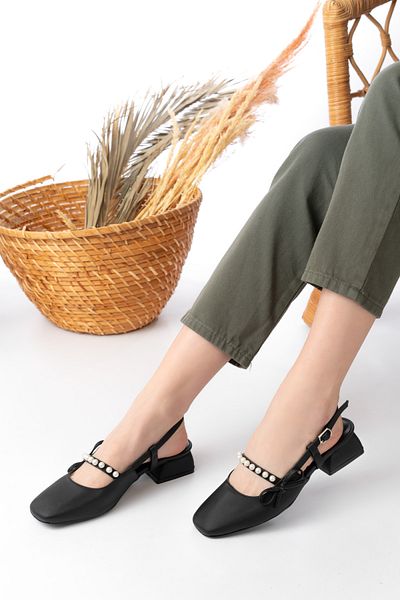 bashrol Open Back Square Toe Low Heel Pearl Black Satin Daily Comfortable Ballerina Women's Heeled Shoes