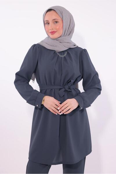 TRENDTESETTÜR Womenless Gray Necklace Detailed Trouser Suit t 7674