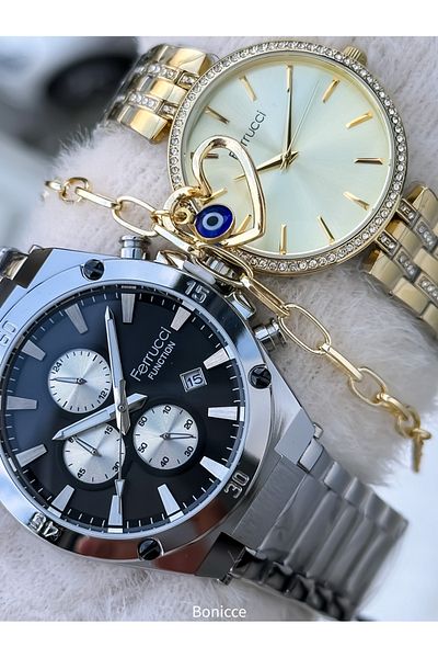 Ferrucci Brand Steel Cord,Silver Yellow Color, Lover Couple Wristwatches Rosary Bracelet