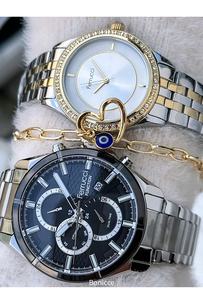 Ferrucci Brand Steel Cord,Silver Yellow Color, Lover Couple Wristwatches Rosary Bracelet