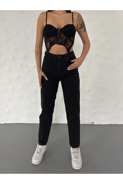 jınox denim Black Women's Mom Jean High Waist Azlycra Jeans