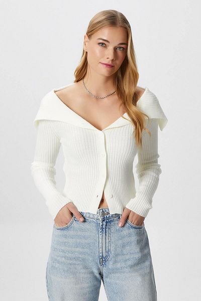 Ritnice Women's Terra Corded Ecru Buttoned Knitwear Cardigan
