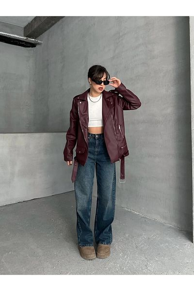 buqre's moda Jachetă lungă din piele de motociclist pentru femei oversize roșu Claret