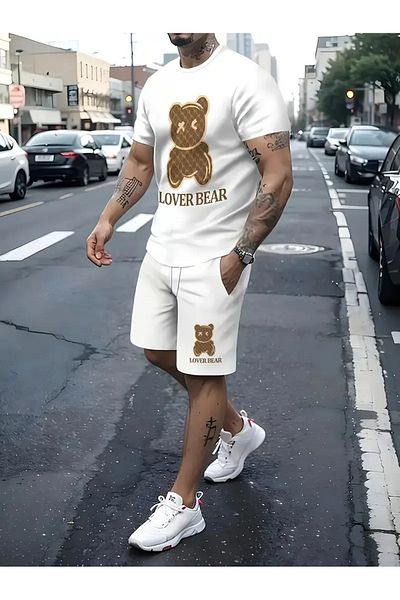 PENTHİLUS Nyári férfi kényelmes sportruházati szett – 3D Lover Bear nyomott póló és rövidnadrág