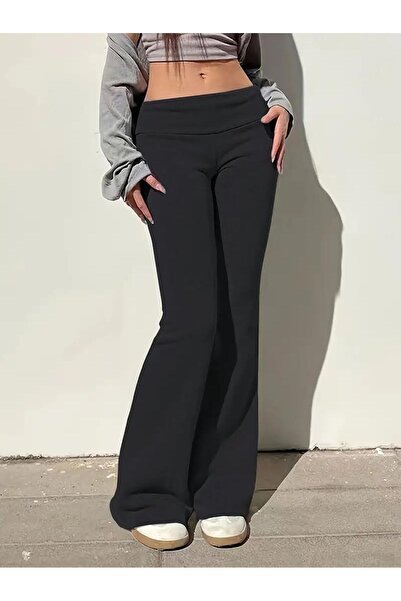 mangis Siyah İspanyol Paça Pantalon Flare Pantalon Beli Lastikli