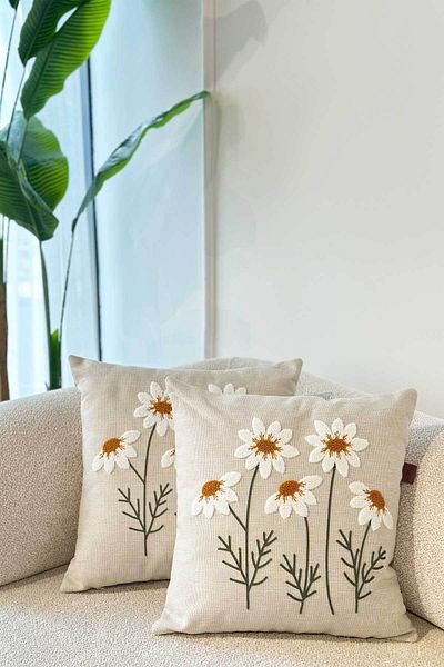 Decomia Home Modern Tufting Punch Embroidered Linen Blended Double Daisy Throw Pillow Cover Living Room Decor (45X45)