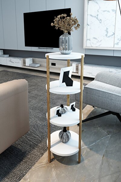 Jest Dekor Konsept Miray Beyaz 4 Katlı Yuvarlak Ahşap Çok Amaçlı Sehpa / Saks...