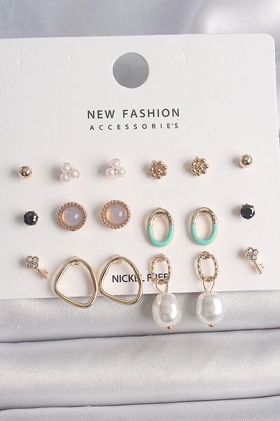 HELLOCOS Brass Gold Color Pearl Ring Model 9 Pairs Women's Earrings Set