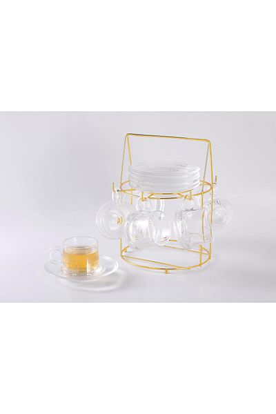 ORCHID 12PCS GLASS CUP & SAUCER SET 100ML WITH STAND