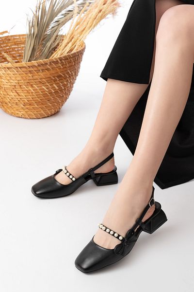 bashrol Open Back Square Toe Short Heel Pearl Black Skin Daily Comfortable Ballerina Women's Heeled Shoes