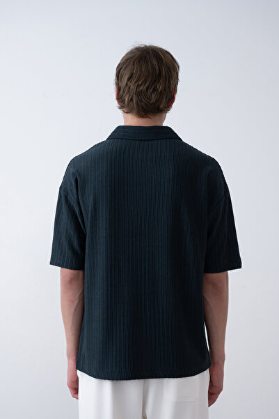 İLKCET MODA V Neck Petrol Oversize Ribbed Men's Tshirt