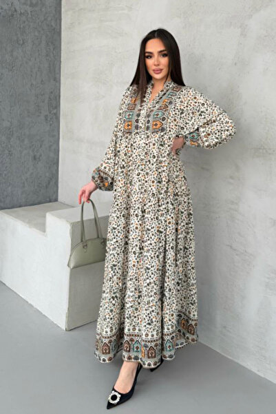 AYASOFYA OTANTIK Γυναικείο μπεζ κουμπί με λεπτομέρεια με μοτίβο μπαλόνι με μανίκια φαρδύ μακρύ φόρεμα