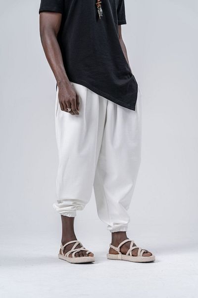 Superbluemexico Unisex Elastic Leg Pleated Carrot Baggy Trousers