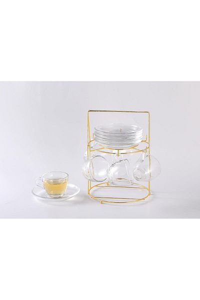 ORCHID 12PCS GLASS CUP & SAUCER SET 100ML WITH STAND