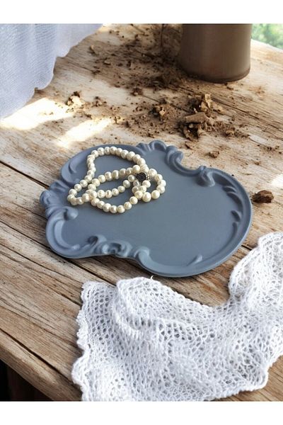 Blue Moon Candle & Decoration Decorative Asymmetrical Lace Embossed Look Gray Presentation Plate, Minimal Tray