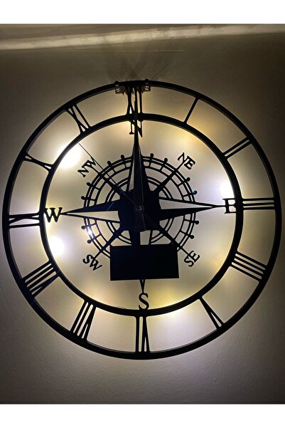 GünceDekor Roma Rakamlı Pusula Ahşap Led Işıklı Sessiz Mekanizmalı Dekoratif ...