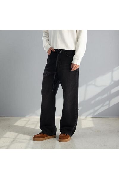 Hazhers Pantaloni largi din denim pentru bărbați, cu centură automată