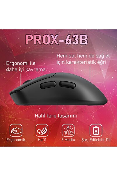 gameagle PROX-63B Ultra Hafif Kablosuz 3 Mode Oyuncu Gaming Optik Mouse (Siyah)