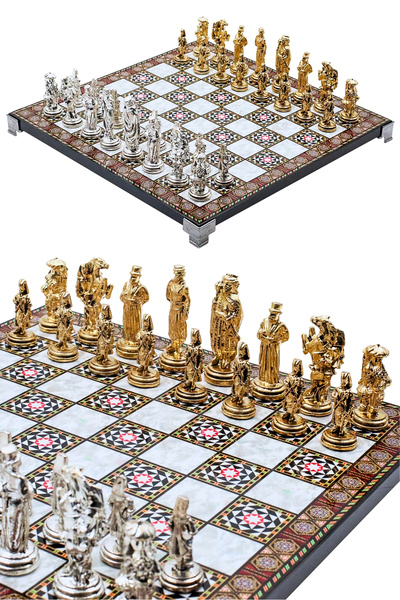 Cooper Chess 30cm Mosaic Patterned Metal Chess Set with Ottoman Janissary Fig...