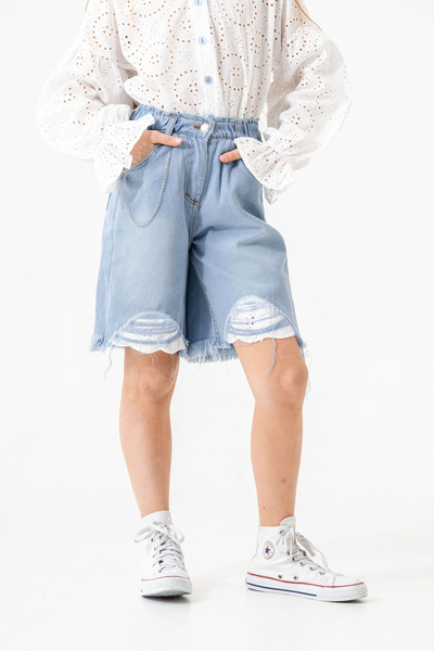 GİYİCEM TEKSTİL Kız Çocuk Paça Fistolu Kot Şort