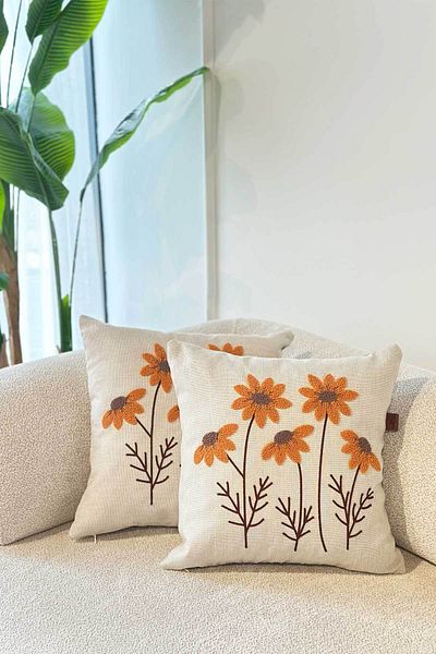 Decomia Home غطاء وسادة من الكتان المطرز الحديث المزخرف بمزيج مزدوج من ديزي لديكور غرفة المعيشة (45 × 45)