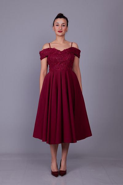 Bidoluelbise Burgundy Straps Off Shoulder Floral Tulle Detail Midi Length Flared Evening Dress
