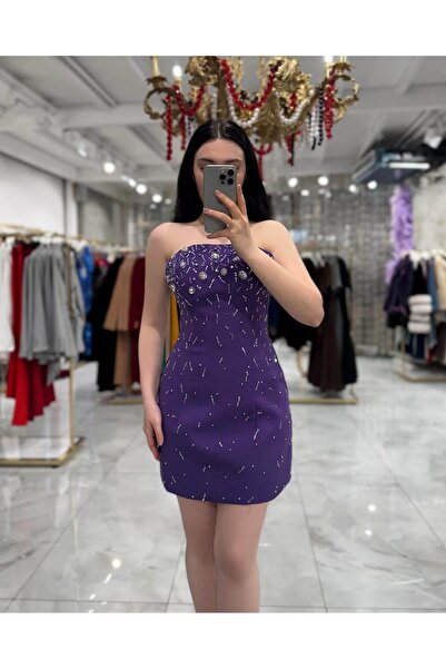 missswans Janiya Özel Tasarım Ful Taş İşlemeli Göğüs Pedli Ve Bantlı Mİni Boy...