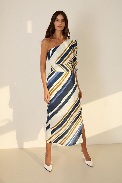 Setre Ecru - Navy Blue One Shoulder Detailed Waist Belted Patterned Wide Fit Linen Dress