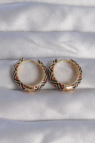 Clariss Brass Gold Color Black Ethnic Patterned Hoop Earrings
