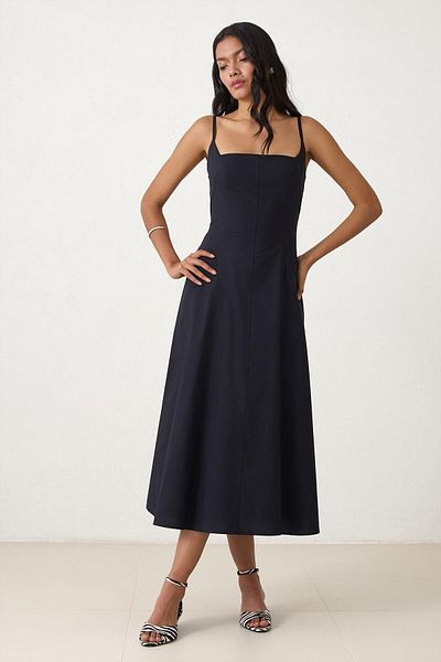 Setre Black 100% Cotton Strap Waist Fitted Midi Length Relaxed Cut Dress