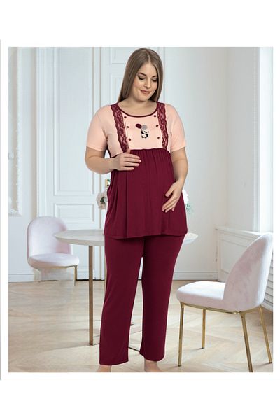 Miss Dünya Lissa Embroidery Detailed Short Sleeve Large Size Maternity and Maternity Pajama Set Suitable for Breastfeeding