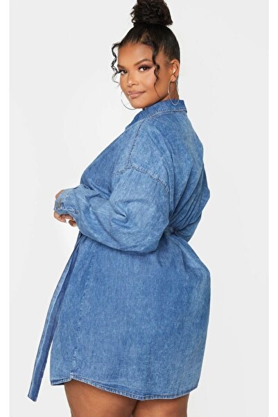 Şans Rochie de damă, mărime mare, albastră, denim lavabil, cu detaliu curea, blugi 65N38790