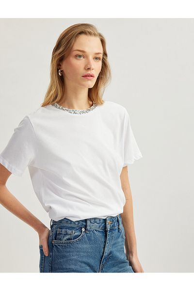 Koton Cotton Short Sleeve Crew Neck Rhinestone T-Shirt