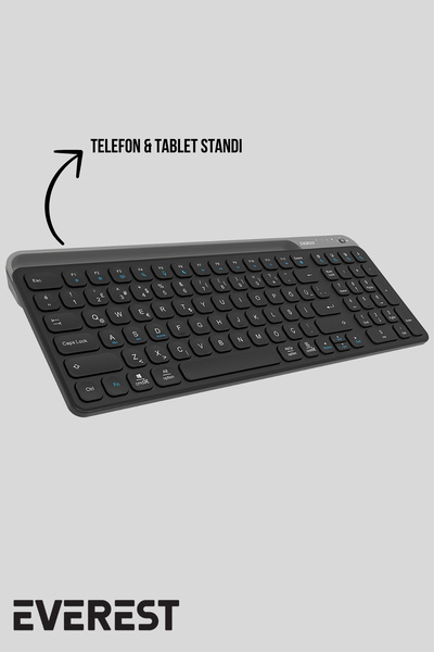 Everest KB-BT90 Siyah/Gri Bluetooth+ 2.4Ghz Telefon Tablet Standlı Şarjlı Q Kablosuz klavye