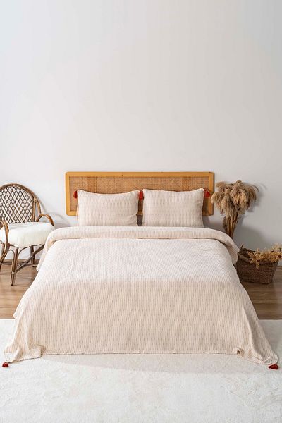 Rivaİstanbul Σετ κάλυμμα κρεβατιού Hermes Tile διπλό με φούντες 100% βαμβακερό σετ 3 τεμαχίων ύπνου & προίκας