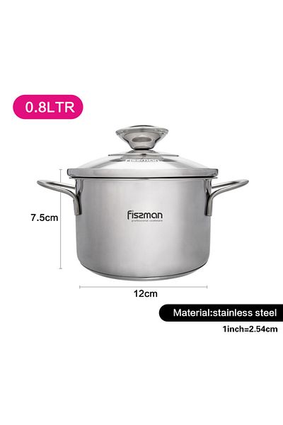 Fissman Saucepot with Glass Lid Silver 12cm/0.8LTR Bambino Series Stainless Steel