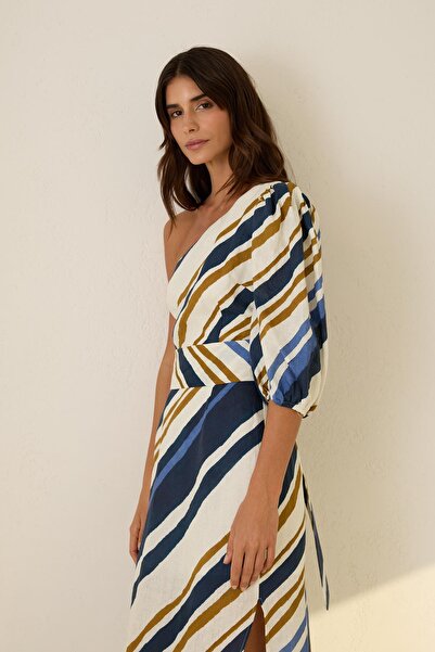 Setre Ecru - Rochie de in, cu model, cu un singur umăr, cu centură în talie