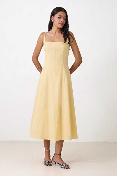Setre Butter Yellow Slim Fit 100% Cotton Strap Waist Midi Length Slim Fit Dress