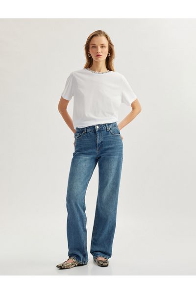 Koton Cotton Short Sleeve Crew Neck Rhinestone T-Shirt