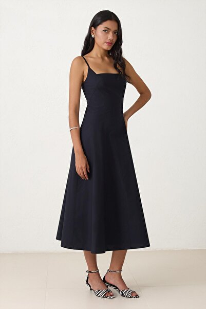 Setre Rochie neagră, 100% bumbac, cu bretele, cu talie midi, cu croială relaxată