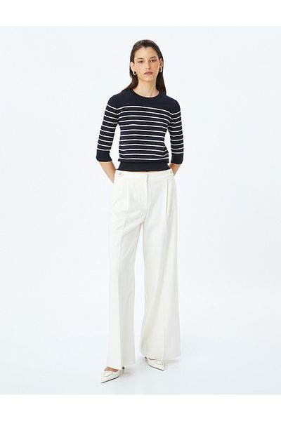 Koton Round Neck 3/4 Long Sleeve Striped Knitwear Sweater