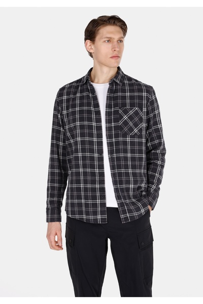 Colin's Regular Fit Shirt Neck Kareli Erkek Siyah Uzun Kol Gömlek