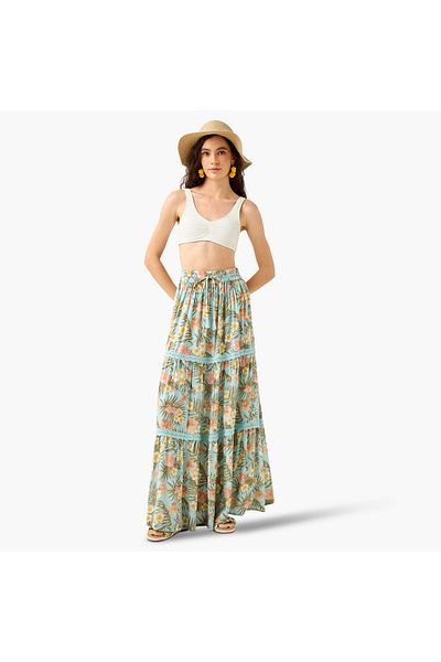 FAV Floral Print Tiered Maxi Skirt with Elasticated Waistband