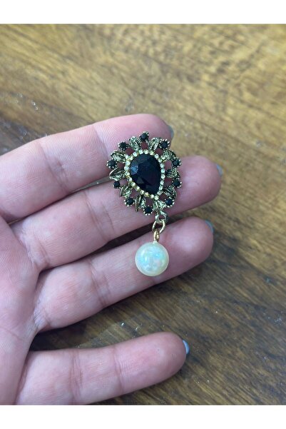 Gönülden Tasarım İNCİ BONCUKLU SİYAH TAŞLI KADIN BROŞ YAKA İĞNESİ GİYİM AKSES...