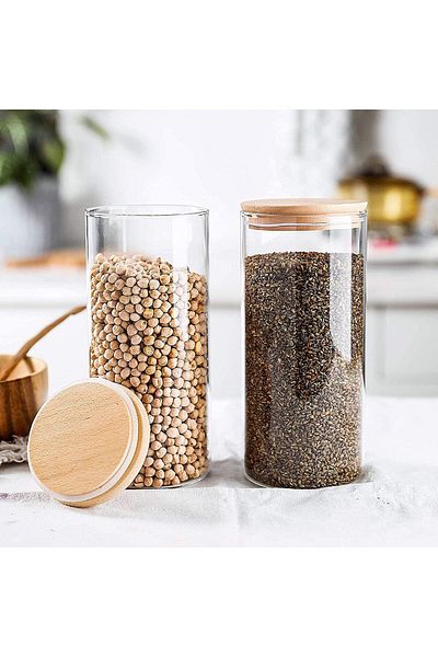 AKDC Set of 4 Round Glass Jars with Bamboo Lids, Airtight Containers for Tea, Coffee, Snacks, 1000ml