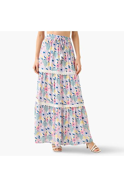 FAV Floral Print Tiered Maxi Skirt with Elasticated Waistband
