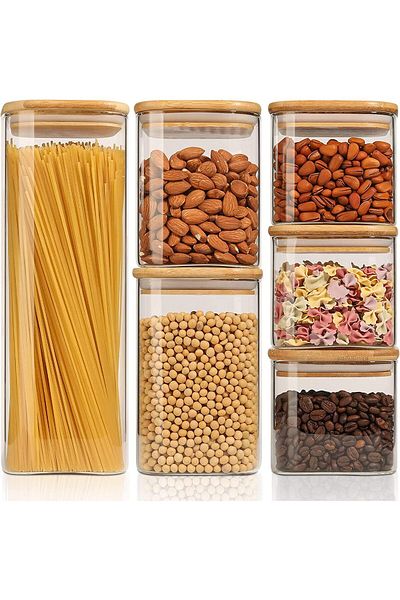 AKDC Set of 6 Square Glass Jars with Bamboo Lids, Airtight Food Storage for Tea, Coffee, Snacks