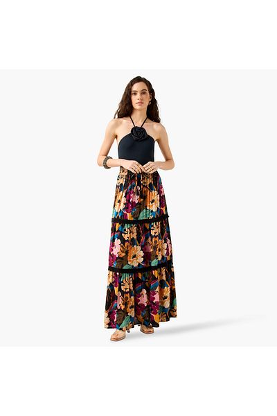 FAV Floral Print Tiered Maxi Skirt with Elasticated Waistband